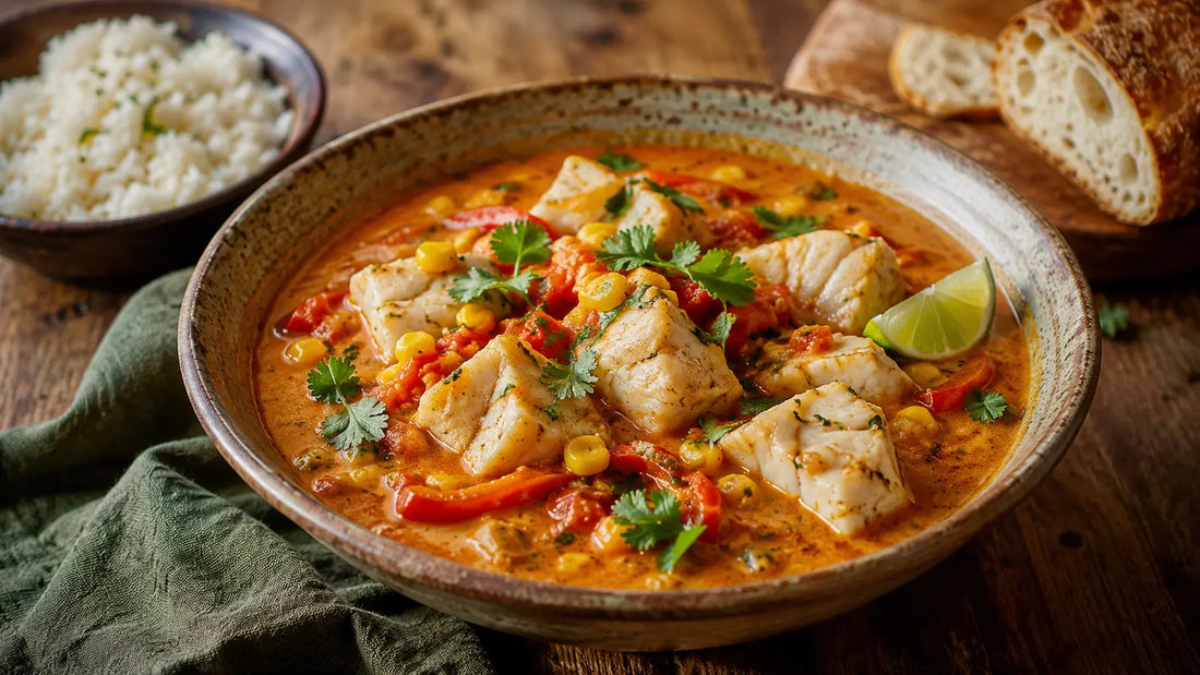 Caribbean coconut fish stew with tender white fish, tomatoes, red peppers and sweetcorn in a creamy aromatic broth.