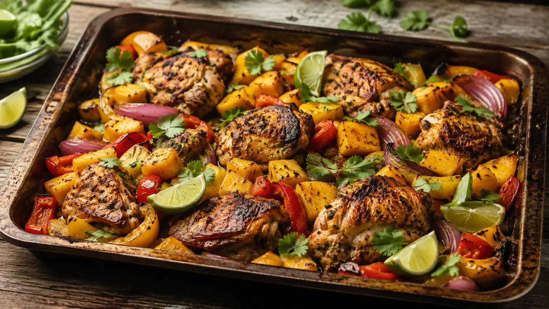 Caribbean Island Spice mango and lime chicken with roasted peppers, red onion and fresh coriander on a rustic tray.