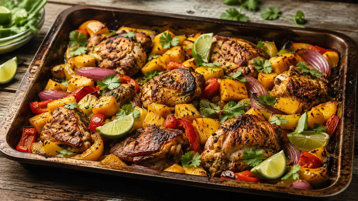 Caribbean Island Spice mango and lime chicken with roasted peppers, red onion and fresh coriander on a rustic tray.