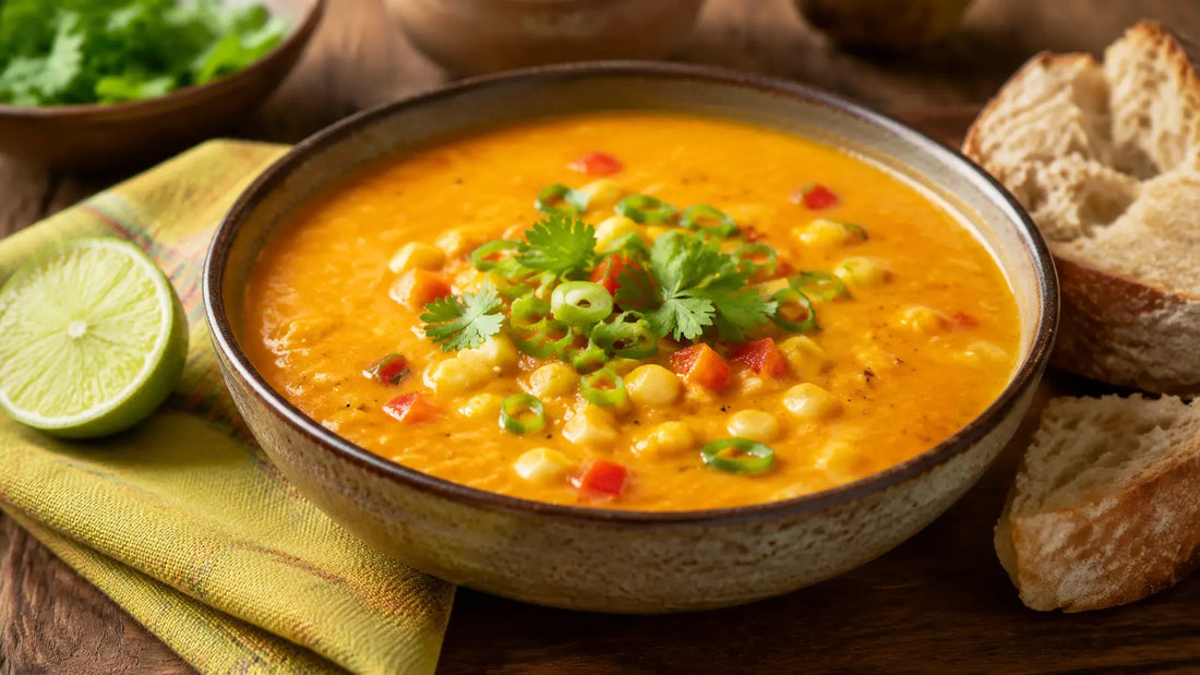 Caribbean Island Spice sweet potato and corn soup topped with spring onions and coriander and served with lime and bread.