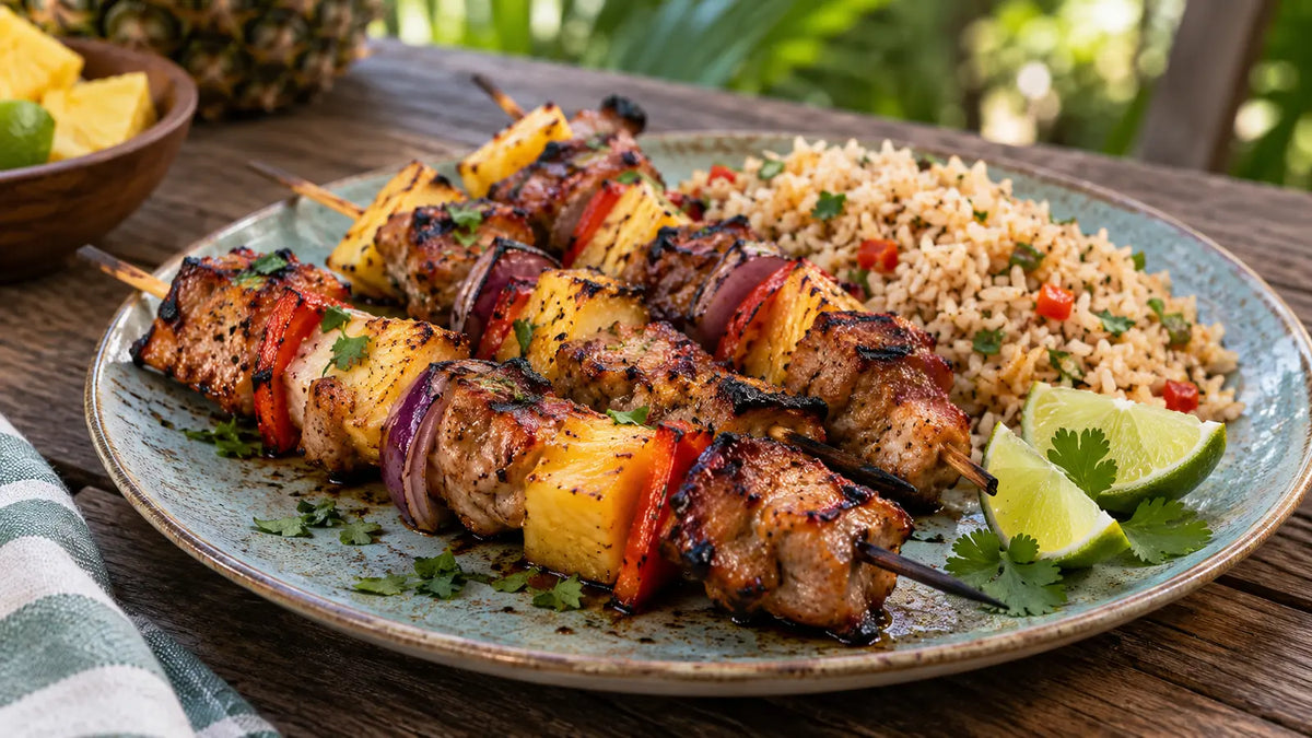 Caribbean-spiced pork and pineapple skewers served with pepper rice and fresh lime on an outdoor wooden table.