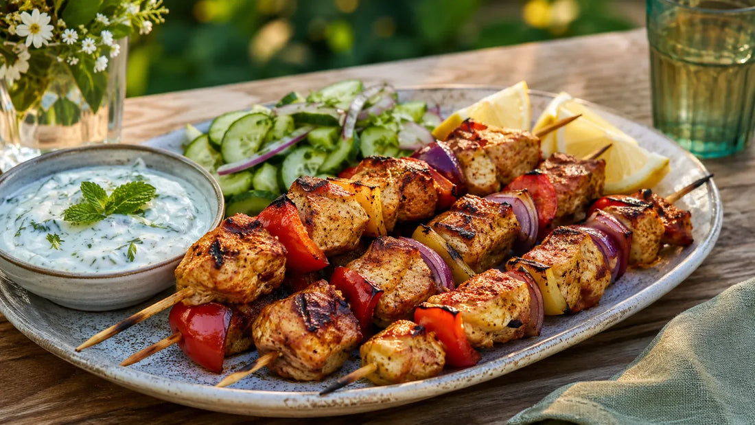 Grilled Chaat Masala chicken skewers with peppers and red onion, served with mint yoghurt and cucumber salad.