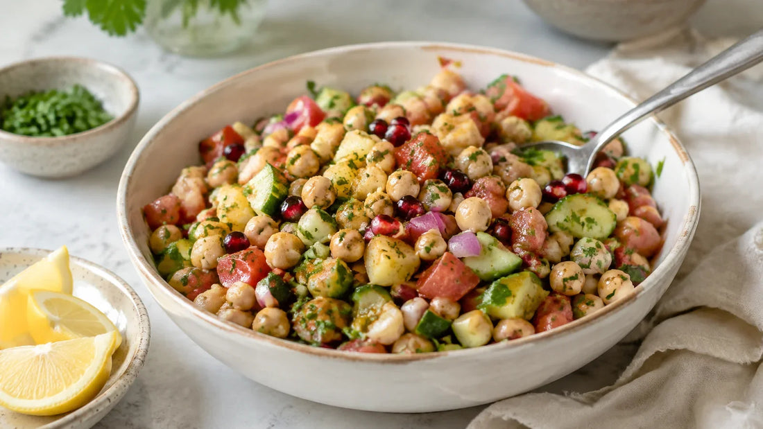 Fresh chickpea and pomegranate chana chaat with cucumber, tomato, red onion, potato, herbs and lemon.