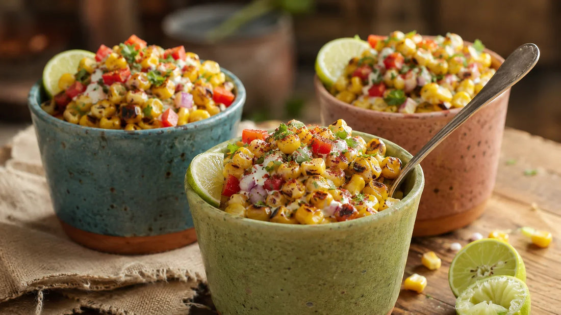 Warm charred sweetcorn chaat with red pepper, onion, coriander, lime and yoghurt served in colourful ceramic cups.