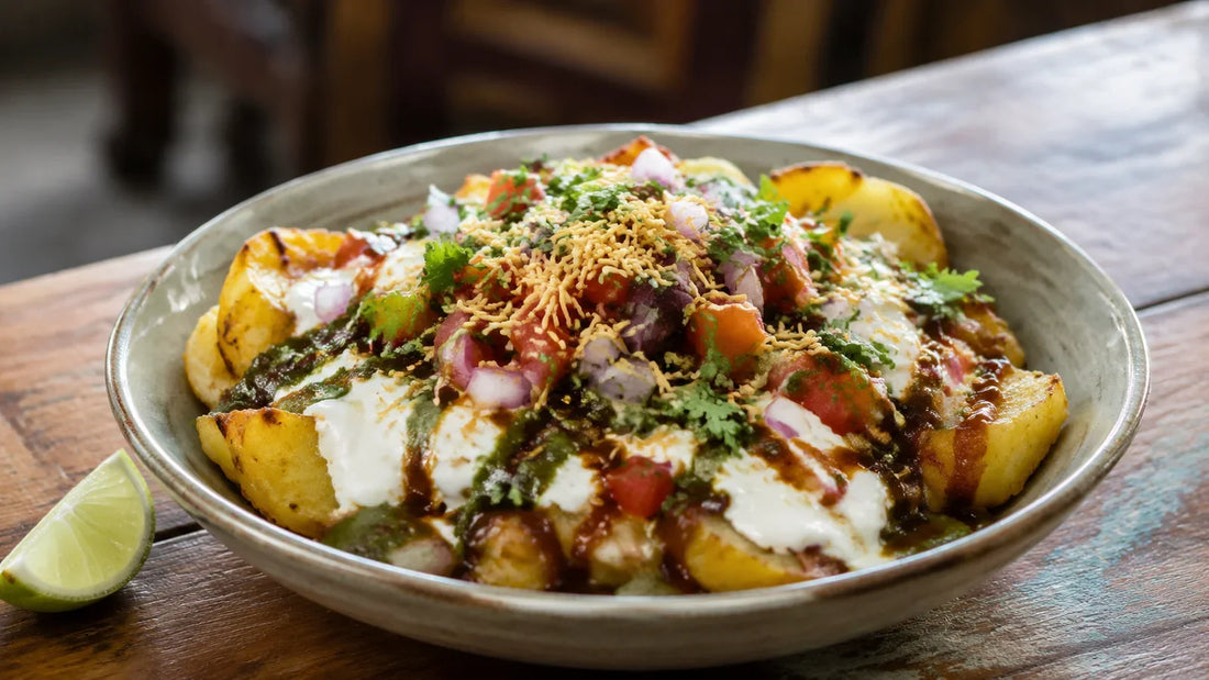 Crispy potato aloo chaat topped with yoghurt, tamarind and mint chutneys, red onion, coriander and sev.
