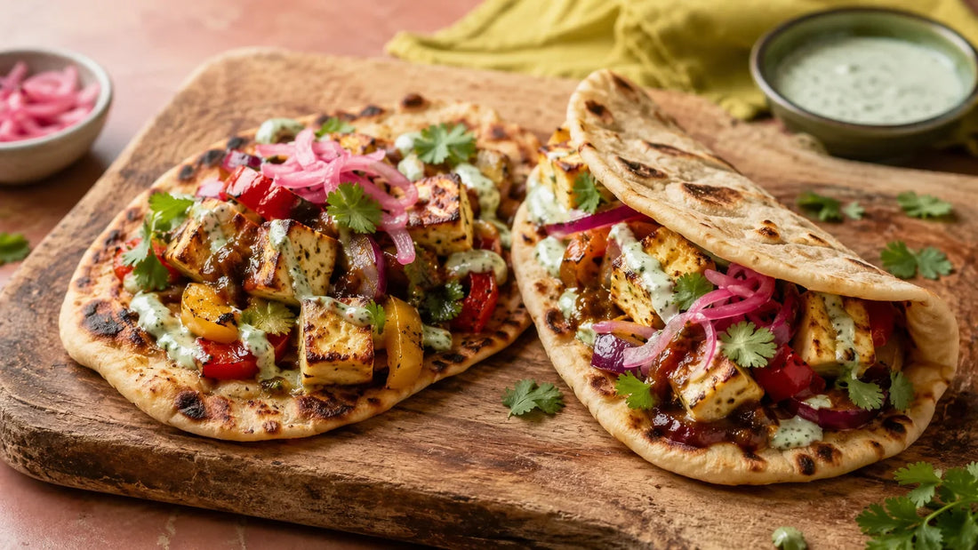 Warm flatbreads loaded with Chaat Masala paneer, roasted peppers, pickled onion, mint yoghurt and tamarind chutney.