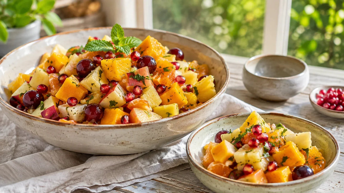Colourful mango, pineapple, apple, orange, grape and pomegranate fruit chaat dressed with lime and mint.