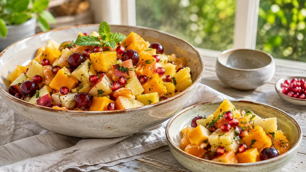 Colourful mango, pineapple, apple, orange, grape and pomegranate fruit chaat dressed with lime and mint.