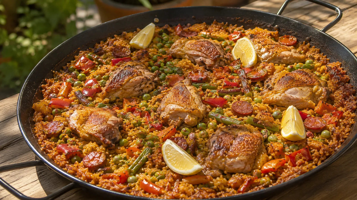 Spanish-inspired chicken and chorizo paella with peppers, green beans, peas and lemon in a traditional black pan.