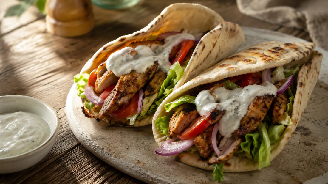 Chicken shawarma flatbreads filled with spiced chicken, salad and creamy garlic yoghurt.