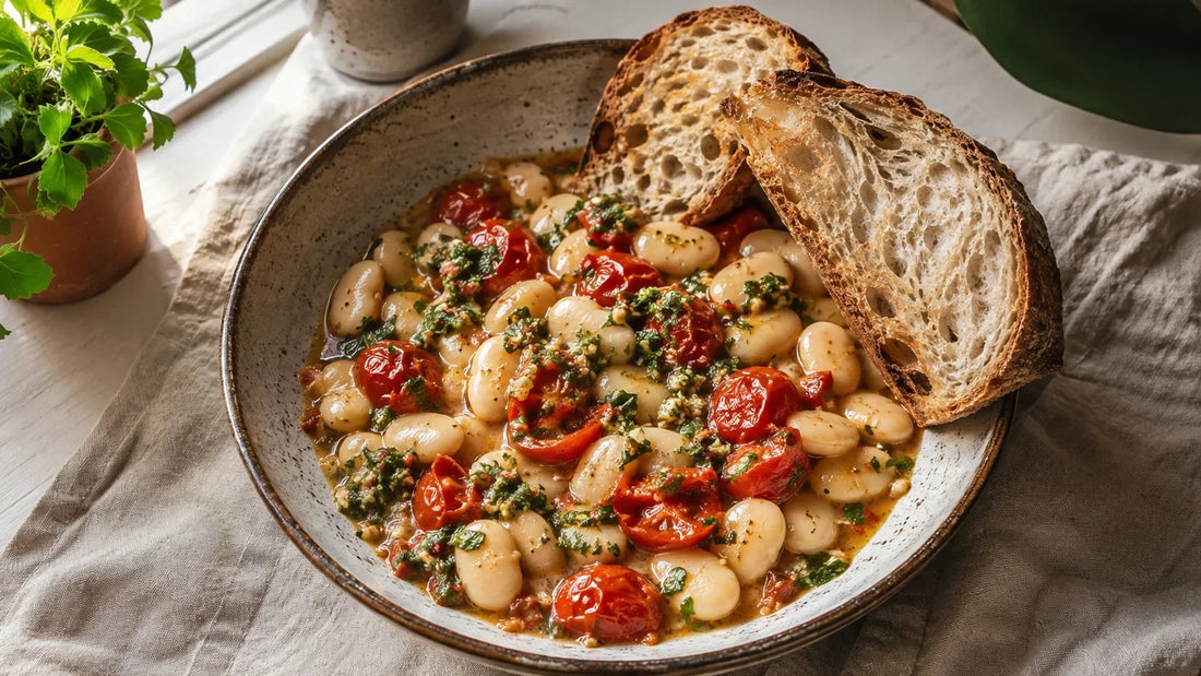 Creamy chimichurri butter beans with roasted tomatoes and toasted sourdough in a rustic bowl.