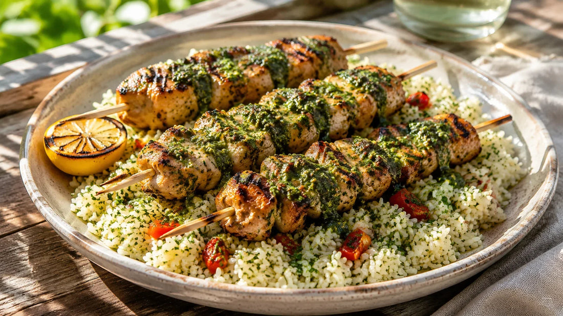 Grilled chimichurri chicken skewers served over fluffy lemon rice with roasted peppers and charred lemon.