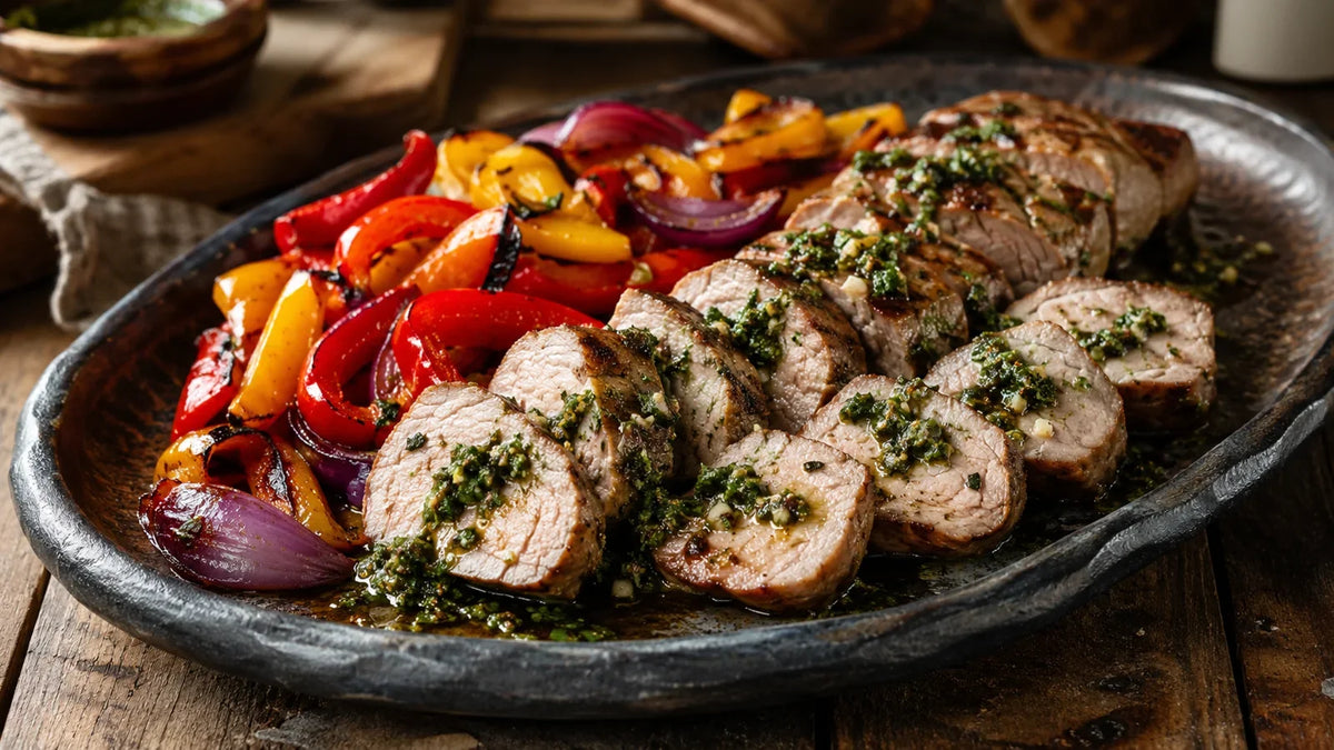 Sliced chimichurri pork tenderloin served with roasted red and yellow peppers and red onion.