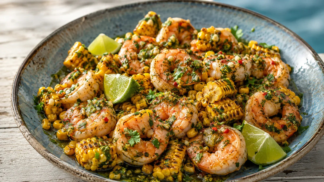 Chimichurri king prawns with charred sweetcorn and lime served in a blue ceramic bowl.