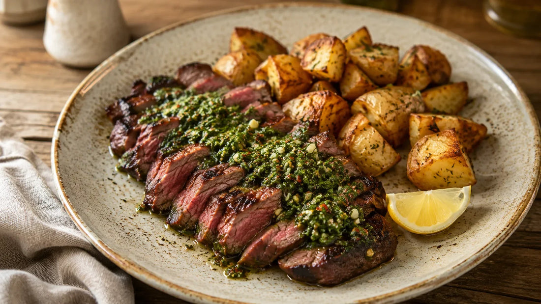 Sliced chimichurri steak with crispy garlic potatoes and a lemon wedge on a rustic ceramic plate.