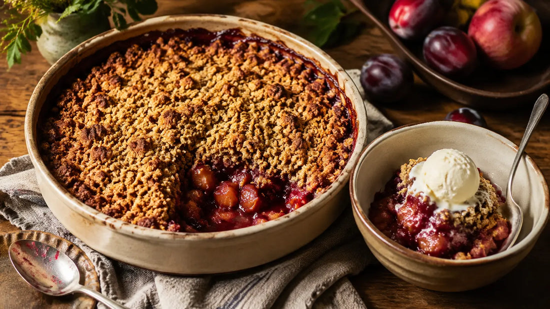 Chinese Five Spice apple and plum crumble with a golden oat topping and melting vanilla ice cream.