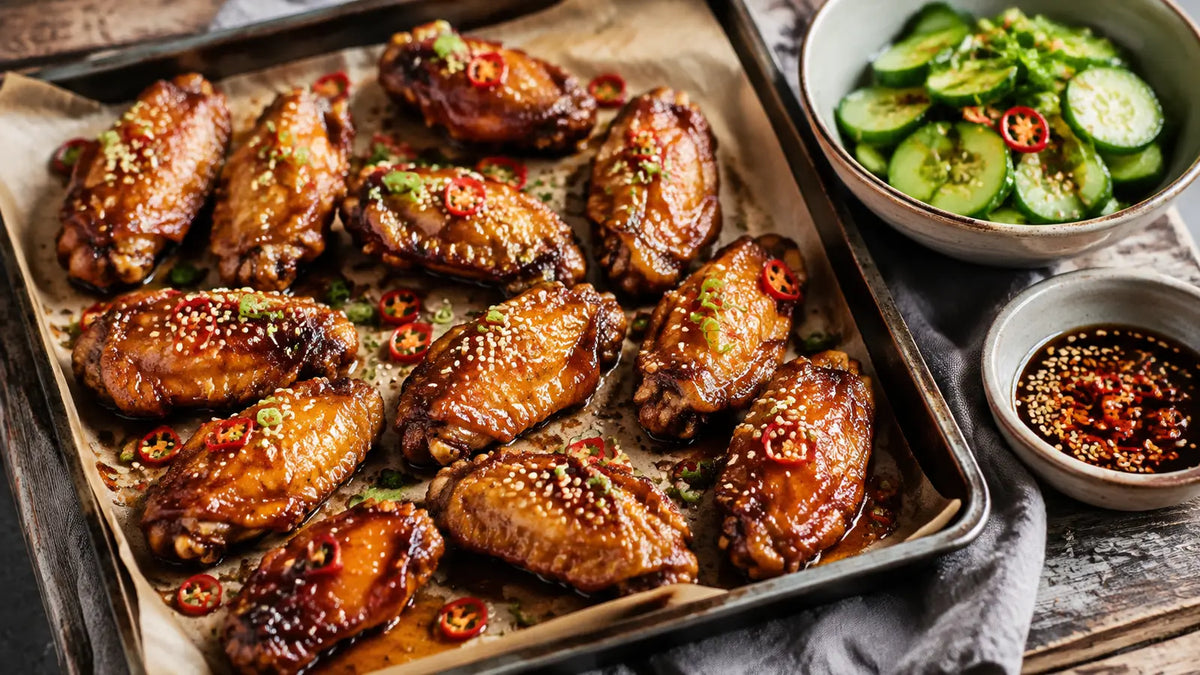 Chinese Five Spice honey-soy chicken wings with sesame seeds, spring onions, red chilli and cucumber salad.