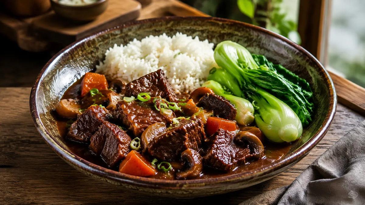 Chinese Five Spice slow-cooked beef stew with mushrooms, carrots, steamed greens and rice.