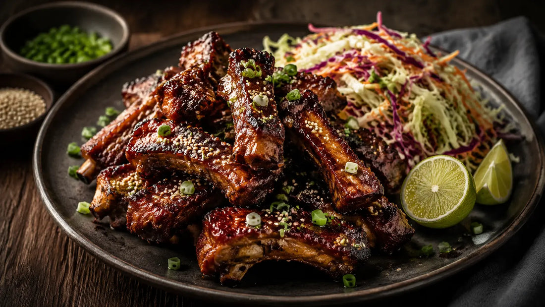 Chinese Five Spice sticky pork ribs with sesame seeds, spring onions, Asian slaw and lime.