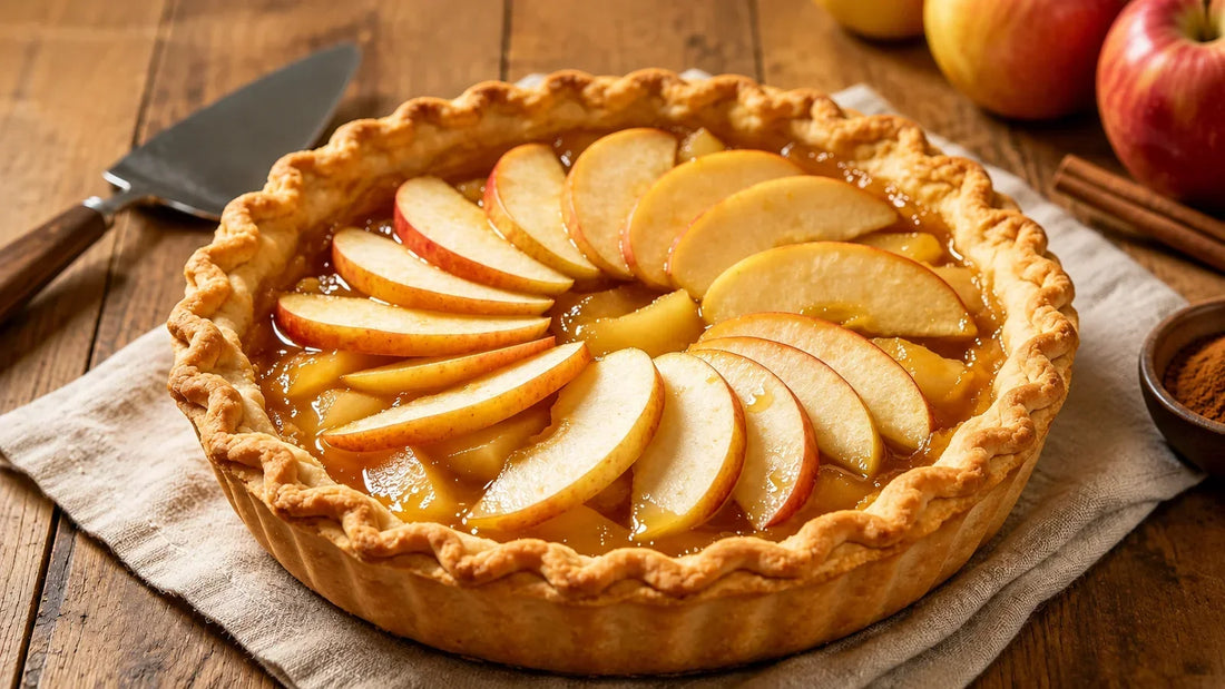 Homemade classic apple pie with a golden buttery pastry crust and fresh sliced apples, presented on a rustic wooden table with whole apples and cinnamon sticks.