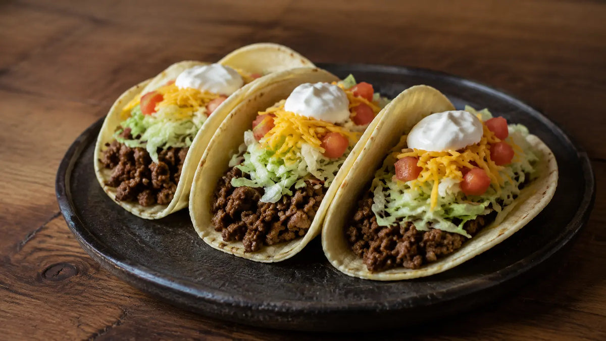 Classic beef tacos with smoky seasoned minced beef, shredded lettuce, diced tomato, grated cheese and sour cream in soft tortillas.