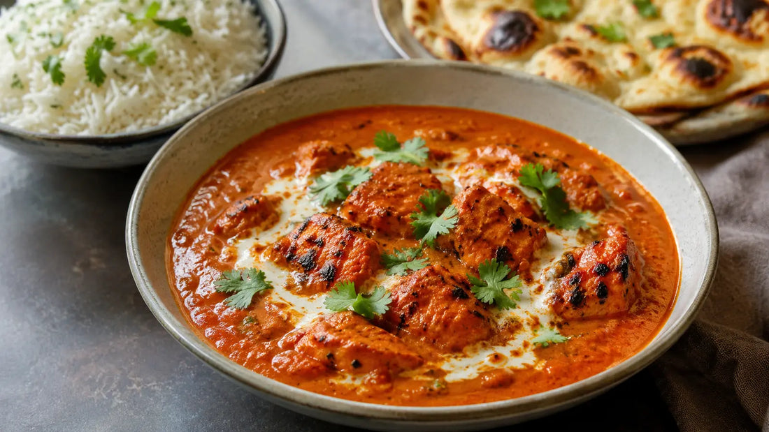 Classic chicken tikka masala with charred chicken in a rich tomato sauce, served with basmati rice, naan and coriander.