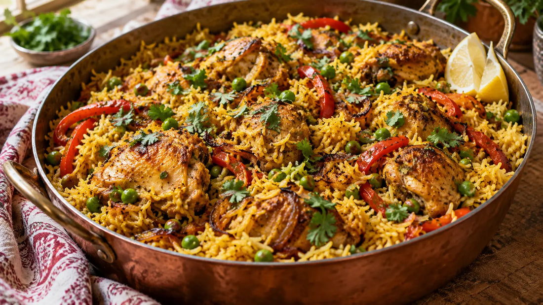 Classic golden chicken pilau with red peppers, peas, caramelised onion and lemon