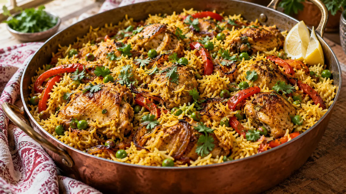 Classic golden chicken pilau with red peppers, peas, caramelised onion and lemon