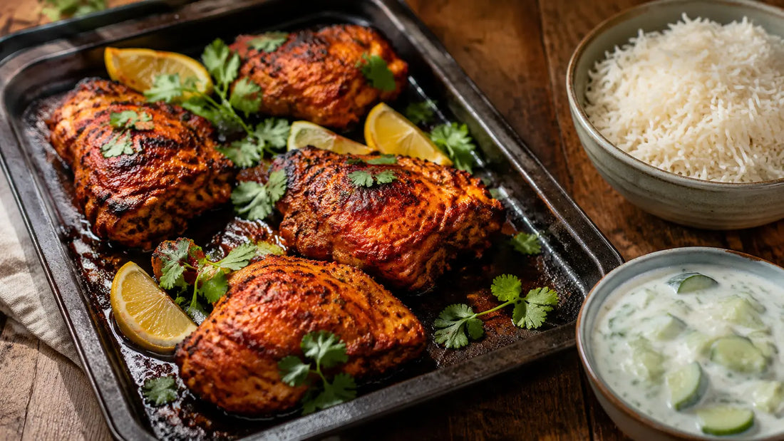 Classic oven-baked tandoori chicken thighs with charred edges, basmati rice, cucumber raita, lemon and coriander.