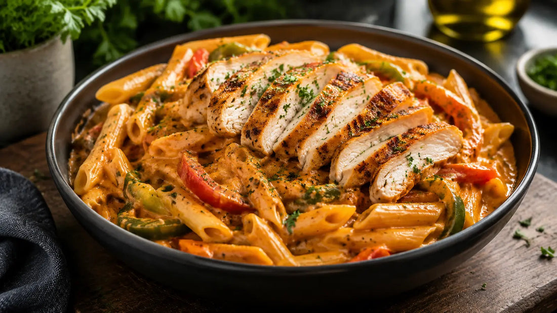 Creamy Cajun chicken pasta with sliced golden chicken, penne, peppers and parsley in a smoky sauce.