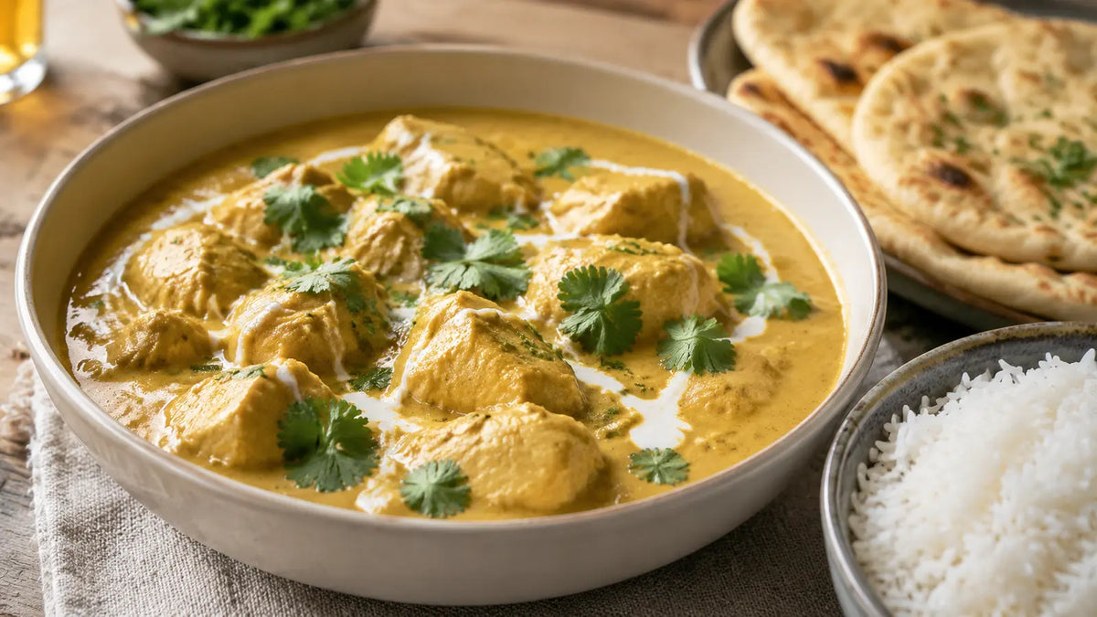 Creamy chicken korma with basmati rice, naan, coriander and a swirl of yoghurt, made with Korma Masala.