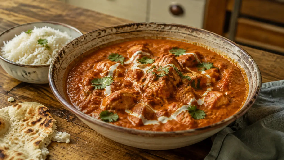 Creamy Chicken Tikka Masala served with basmati rice and naan on a rustic wooden table.