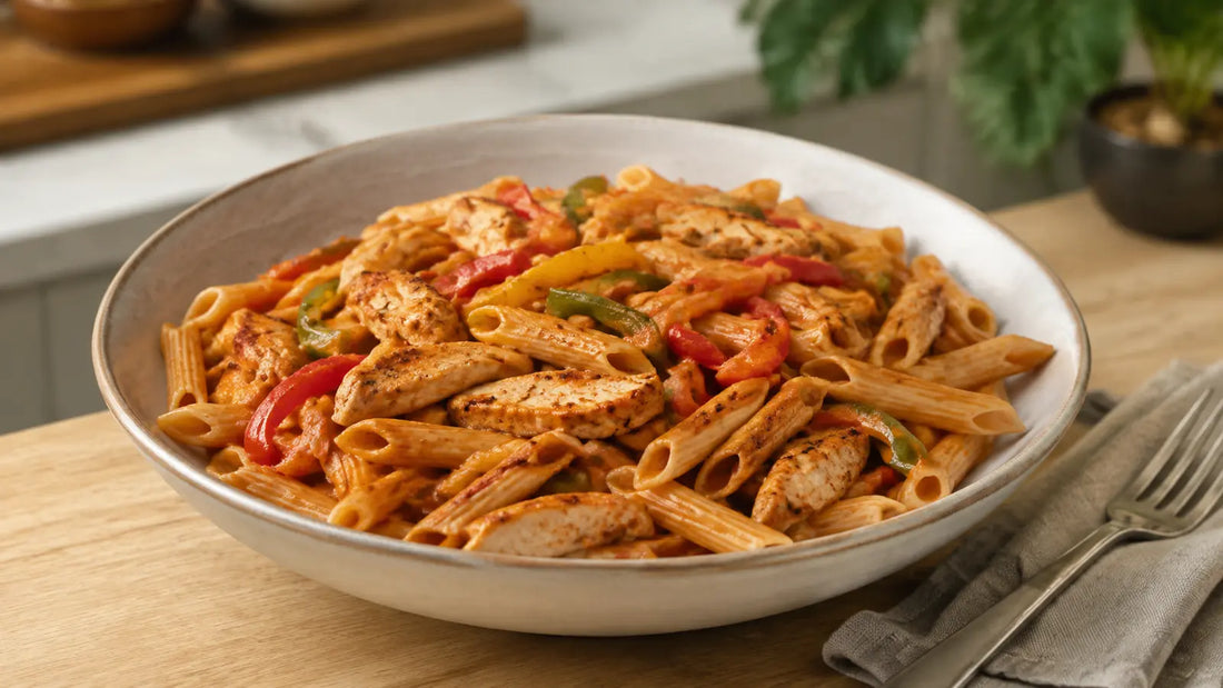 Creamy fajita chicken pasta with golden chicken strips, penne, colourful peppers and onions in a lightly spiced sauce.