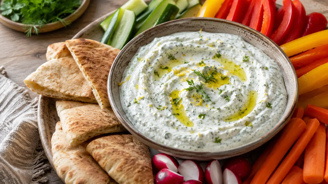 Creamy Greek Seasoning yoghurt dip with lemon, olive oil and herbs, served with pitta and vegetable sticks.