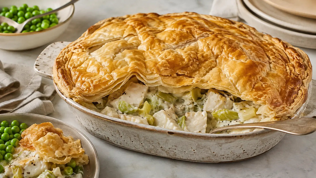 Golden puff pastry haddock and leek pie with creamy lemon pepper filling and garden peas.