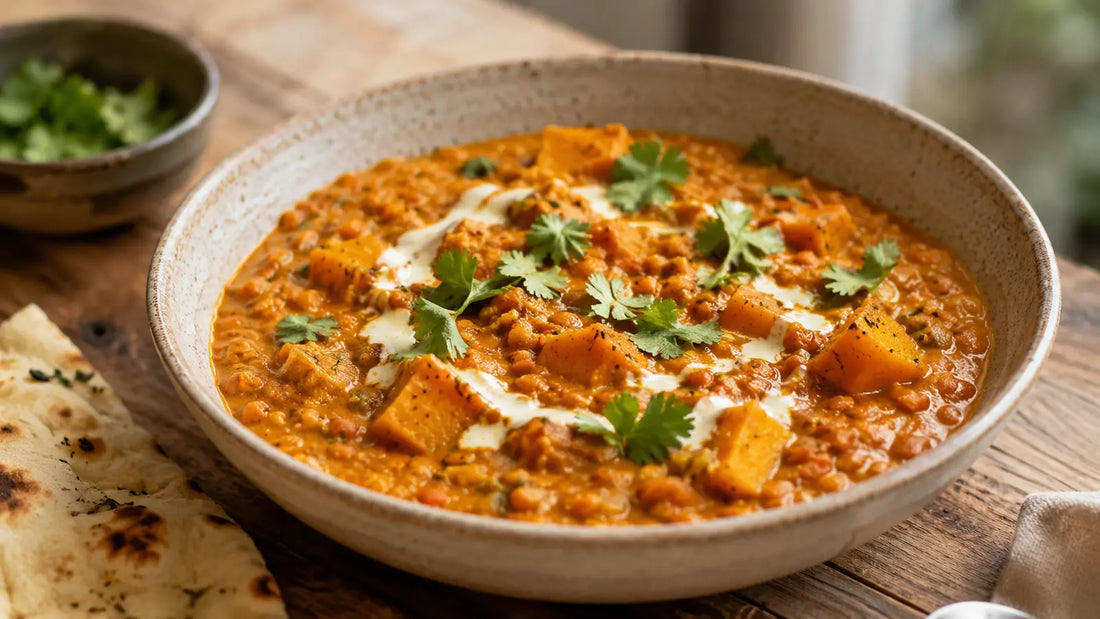 Creamy pumpkin and lentil curry made with Garam Masala, served with coriander, coconut cream and naan bread.
