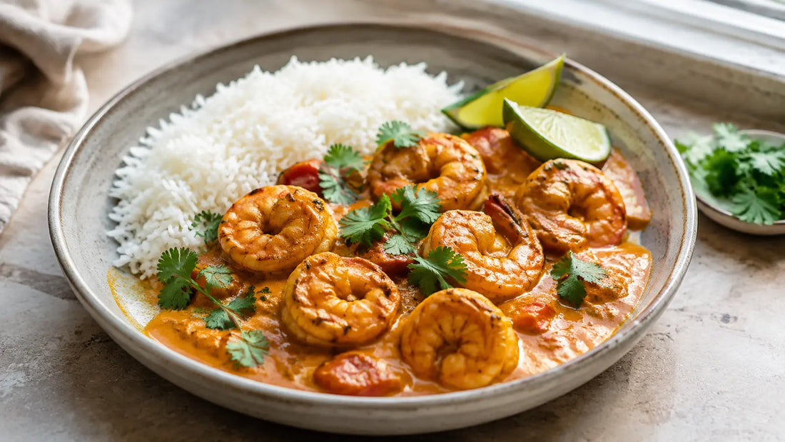 Creamy tikka prawn curry with king prawns in a tomato and coconut sauce, served with rice, lime and coriander.