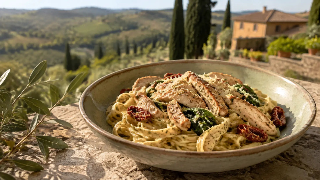 Creamy Tuscan chicken pasta with sun-dried tomatoes, spinach and Italian herbs overlooking the Tuscan countryside.