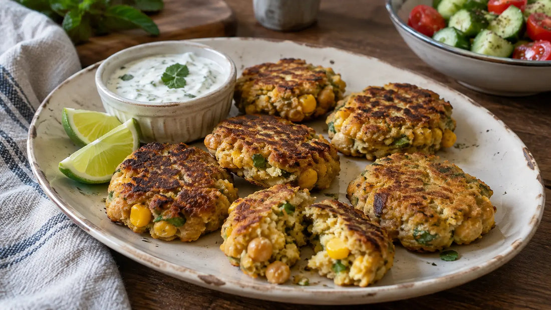 Handmade hot curry chickpea and sweetcorn fritters with mint yoghurt and lime