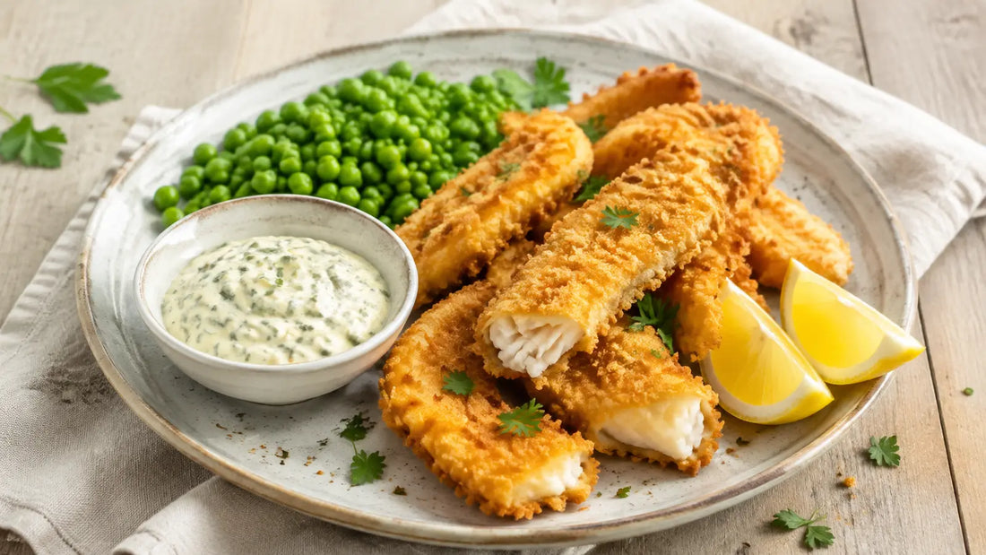 Golden homemade cod goujons with lemon, peas and tartare sauce, made with Spice & Dipity Fish Seasoning.