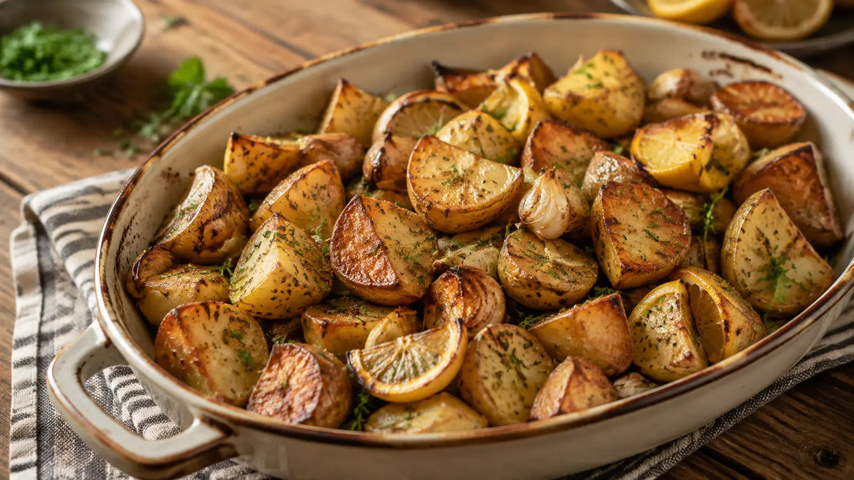 Crispy Greek-style roast potatoes with Greek Seasoning, roasted garlic, lemon wedges and fresh parsley.
