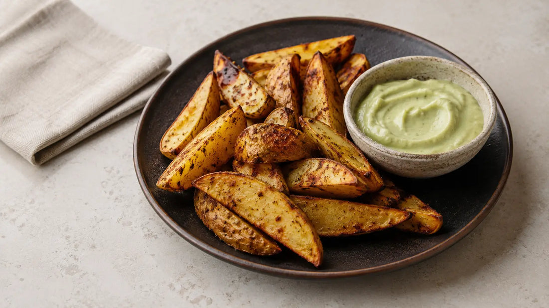 Crispy Mexican Ranch potato wedges with naturally browned edges served with a creamy avocado and yoghurt dip.