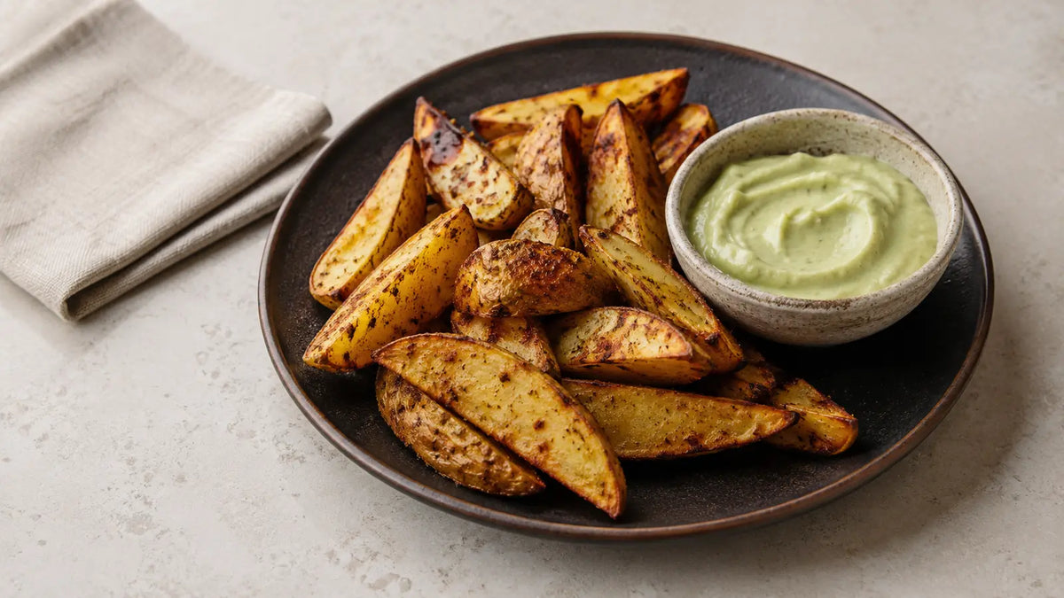 Crispy Mexican Ranch potato wedges with naturally browned edges served with a creamy avocado and yoghurt dip.
