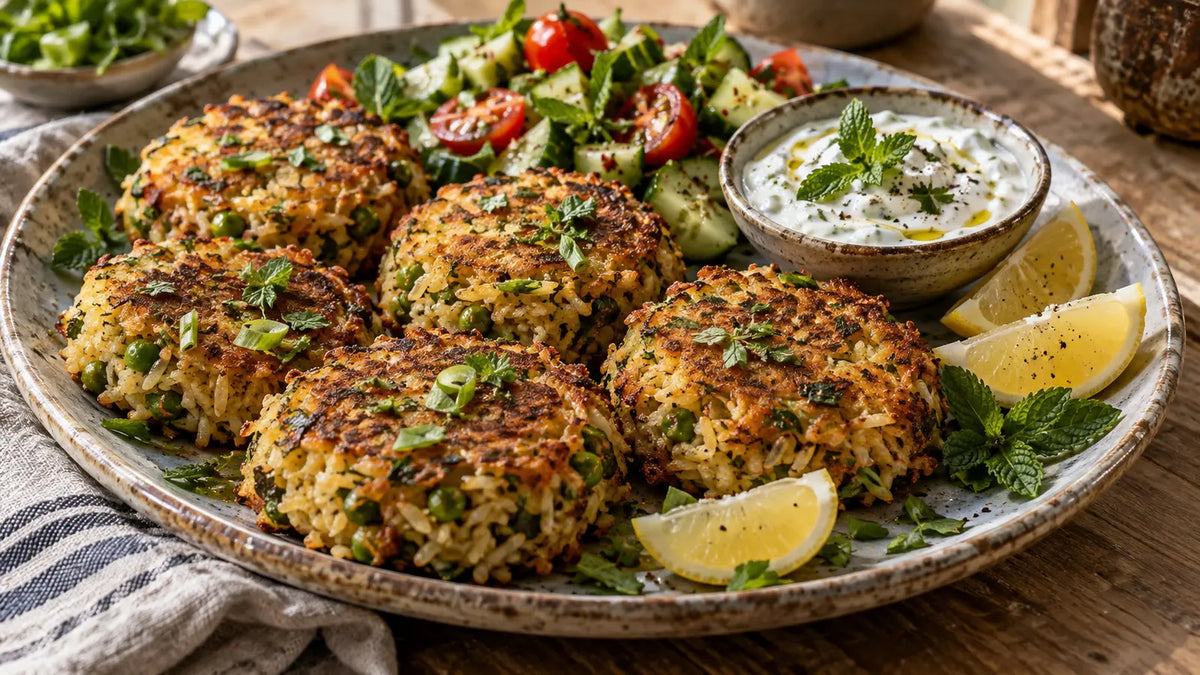 Crispy pilau rice cakes with peas, spring onion, mint yoghurt and fresh salad