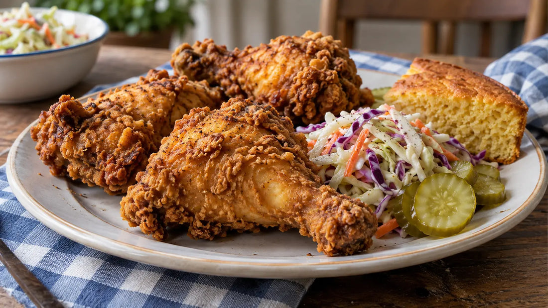 Crispy Soul Food-spiced chicken served with colourful cabbage slaw, pickles and a golden wedge of cornbread.
