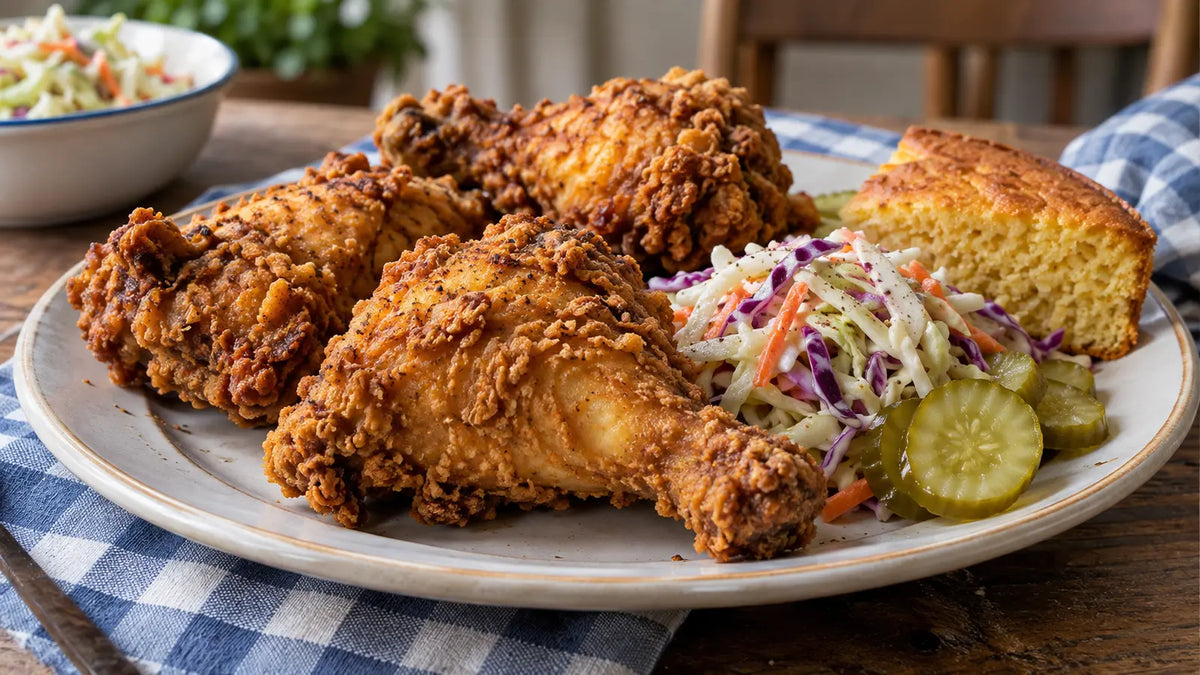 Crispy Soul Food-spiced chicken served with colourful cabbage slaw, pickles and a golden wedge of cornbread.