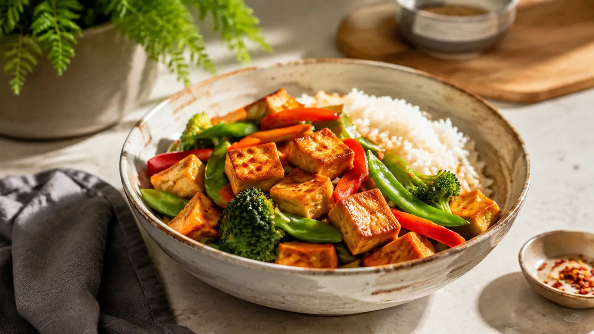 Crispy tofu and vegetable stir-fry with broccoli, peppers, sugar snap peas, carrots and jasmine rice.