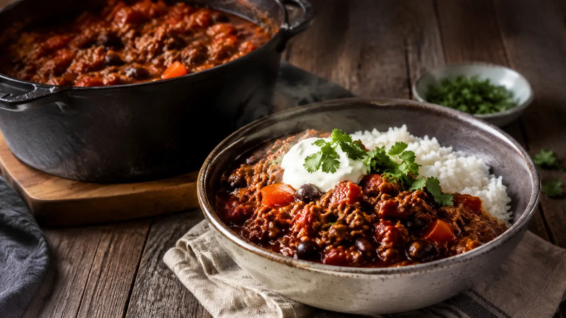 Rich Dante’s Inferno beef and black bean chilli served with rice, soured cream and coriander.