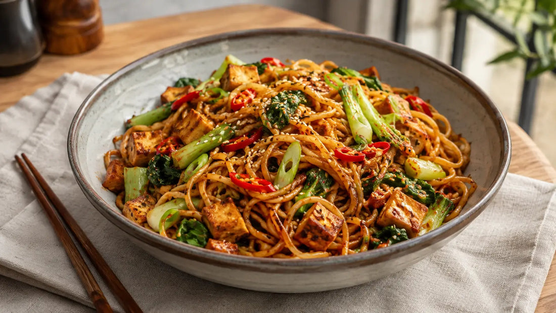 Dante’s Inferno firecracker noodles with crispy tofu, pak choi, peppers and spring onions.