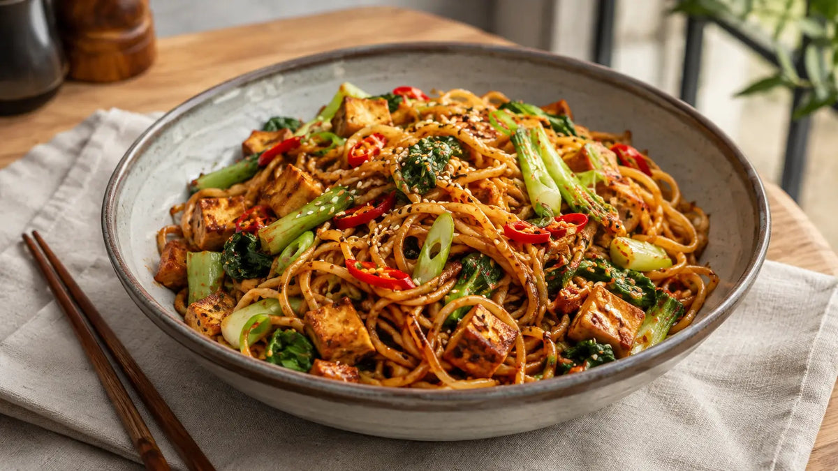 Dante’s Inferno firecracker noodles with crispy tofu, pak choi, peppers and spring onions.